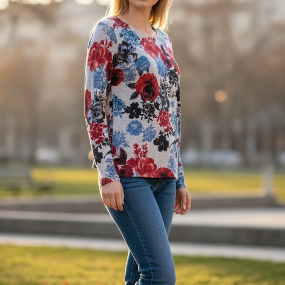Chico's Floral Sweater - Red, Blue, Black